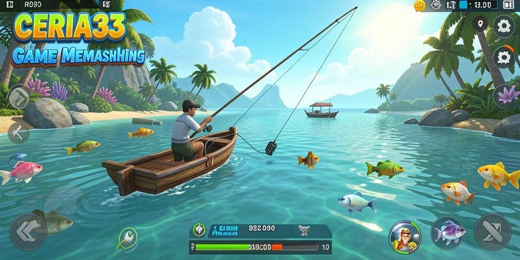 Tampilan gameplay CERIA33 dengan keseruan memancing di berbagai lokasi.
