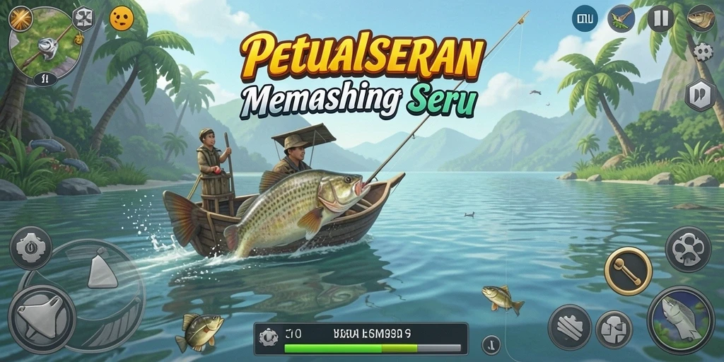 Screenshot gameplay MAXSERU dengan aksi memancing yang seru.