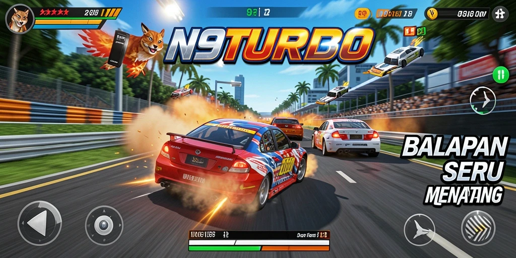 Screenshot gameplay N9TURBO menampilkan aksi balapan yang mendebarkan.